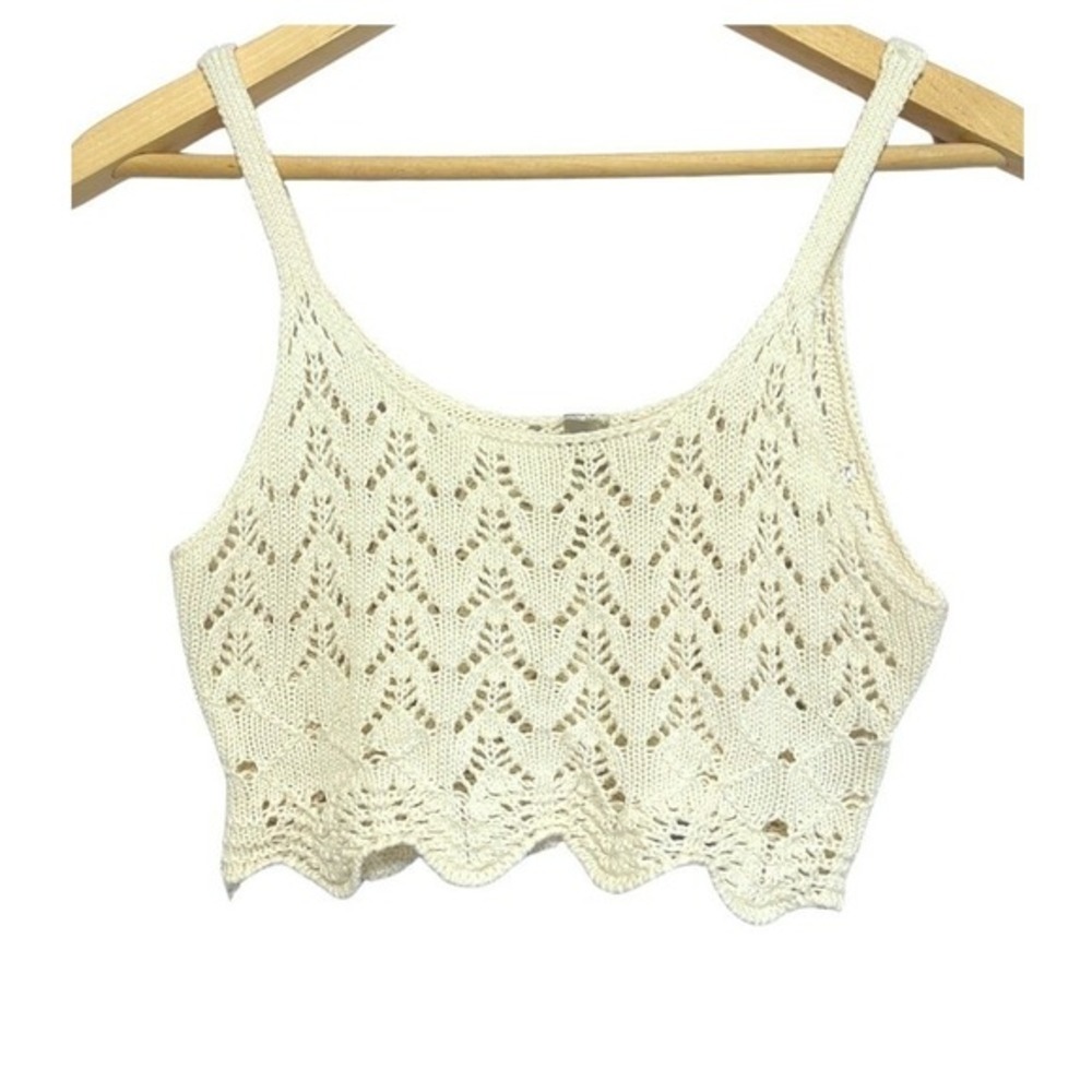 Mono B Crochet Festival Cami Crop Top Womens Size M Creamy White Layer Boho Tank